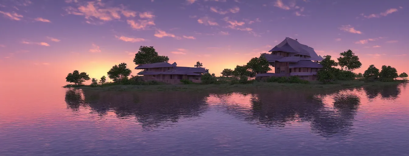 Image similar to a serene landscape with a singular building near a lake at sunset in anime style, 8k, low saturation, high quality, high detail