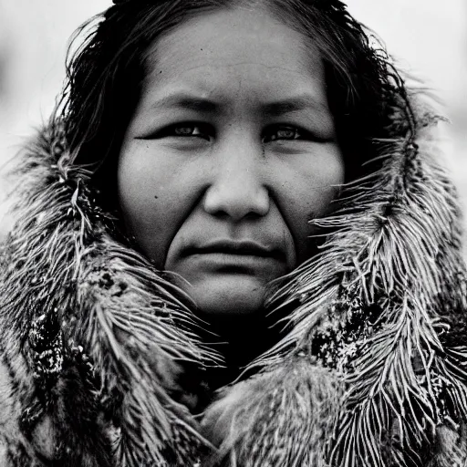 Prompt: a young cheyenne tribal woman wearing bison fur coat in a wyoming snot storm, close up, portrait