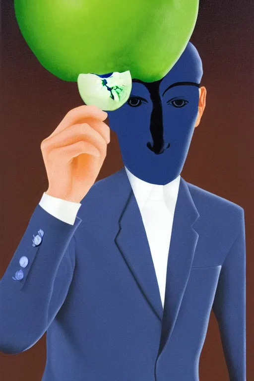 Prompt: roger federer and green apple by rene magritte