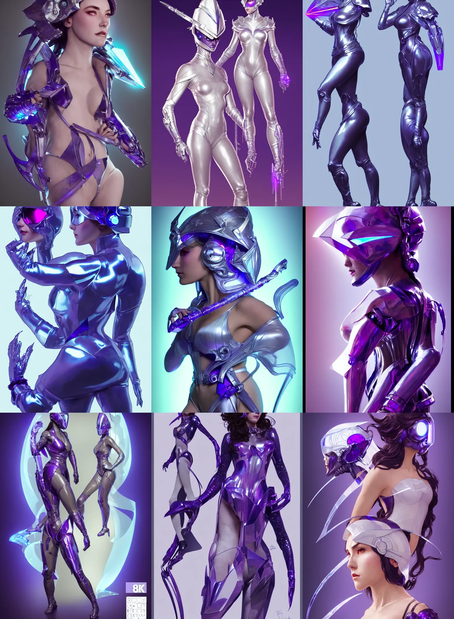 Image similar to a full body character design by artgerm, greg rutkowski and alphonse mucha. sci - fi dagger. laser and bluish violet translucent plastic tape project show attctive showgirl!! sci - fi helmet!! sharp edges. ultra clear detailed. contour light effect!! 8 k. ultra detailed, elegant, intricate, octane render.