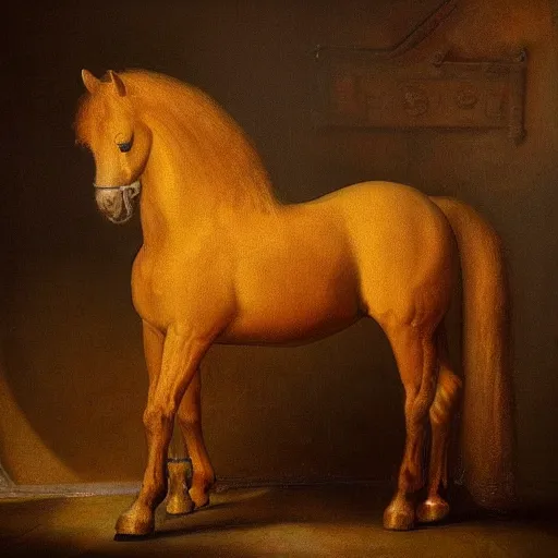 Prompt: anthropomorphic horse proudly posing for a portrait, painted by rembrandt intricate ultra detailed painting atmospheric lighting golden hour