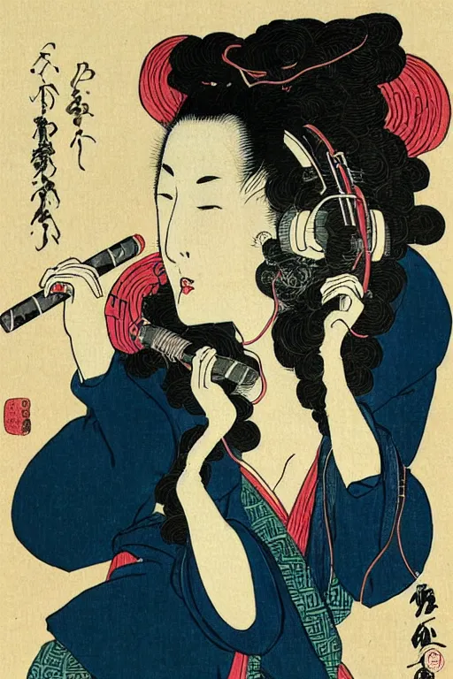 Prompt: a goddess with headphones and smoking a cigarette, in a silent disco rave, by katsushika hokusai, by ralph steadman, storybook illustration, cool color palette, in a symbolic and meaningful style, single figure