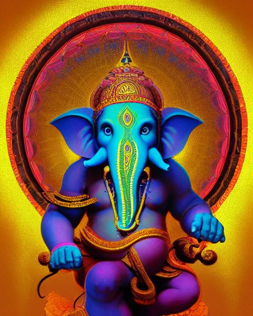 Image similar to psychedelic ganesh of the cosmos, coherent design, symmetrical, concept art, vivid color, complementary color, golden ratio, detailed, sharp lines, intricate, rainbowshift, by maxfield parrish, by peter mohrbacher, by gustave dore, by alphonse mucha, deviantart, octane render