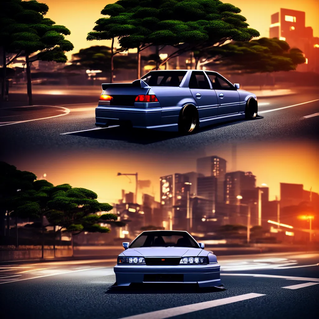 Image similar to a car JZX100 twin turbo drift in the road, Tokyo prefecture, Japanese architecture, city sunset mist lights, cinematic lighting, photorealistic, detailed alloy wheels, highly detailed, studio photo