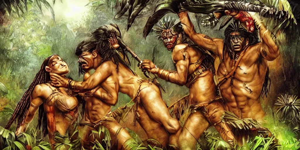 Image similar to battle in jungle, brutal aztec and Amazonian fight, epic, vintage, blood, slight inspiration of Boris vallejo and apocalypto, war photography