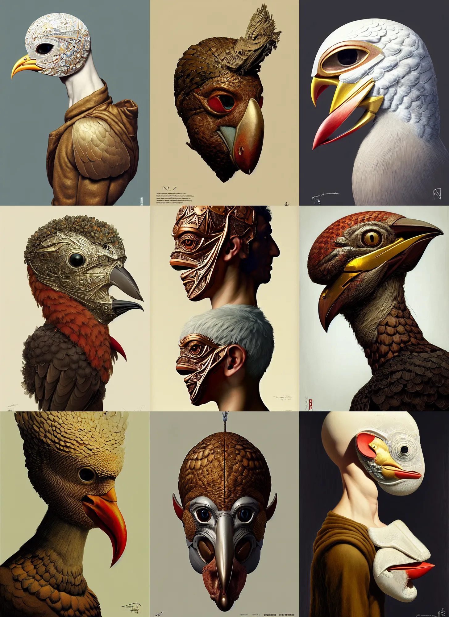 Prompt: rpg! profile! portrait of a humanoid bird mask on white background, beak, intricate, highly detailed, digital painting, artstation, concept art, smooth, sharp focus, illustration, art by norman rockwell emiliano ponzi andrey remnev yoann lossel john currin aaron jasinski ivan albright hsiao - ron cheng, 8 k
