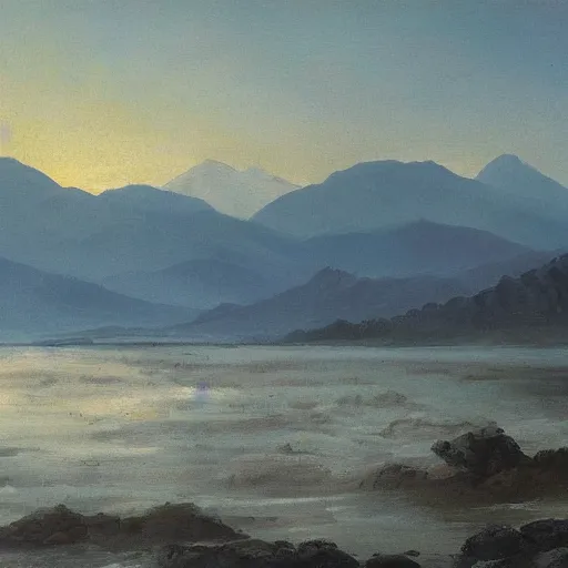 Image similar to mountains in the foreground, sea in the background at dawn, painting