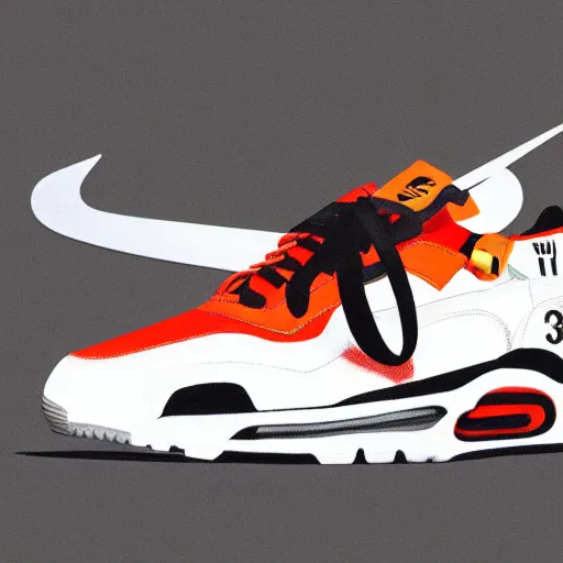 Prompt: retro futuristic OFf-white x Nike air max sneakers by syd mead