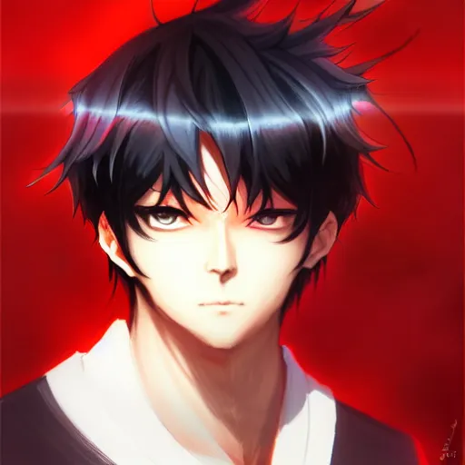 Image similar to anime portrait of a slick black hair guy with red eyes by stanley artgerm lau, wlop, rossdraws, james jean, andrei riabovitchev, marc simonetti, and sakimichan, trending on artstation