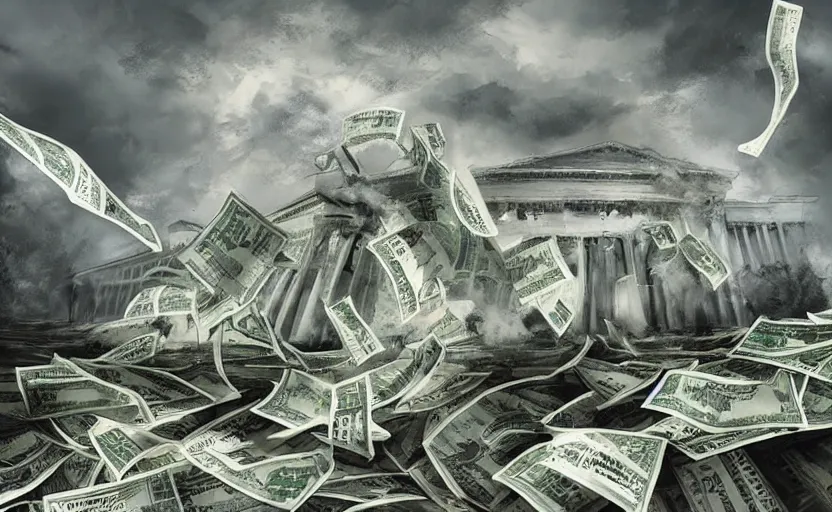 Image similar to A tornado made of cash hitting a government building, landscape art, concept art, intense