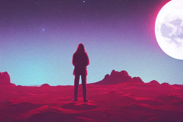 Image similar to a sad human standing on mars in the style of flooko, acrylic art, detailed, moonlight, red lighting, bokeh, synthwave, psychedelic, glitch, neon,