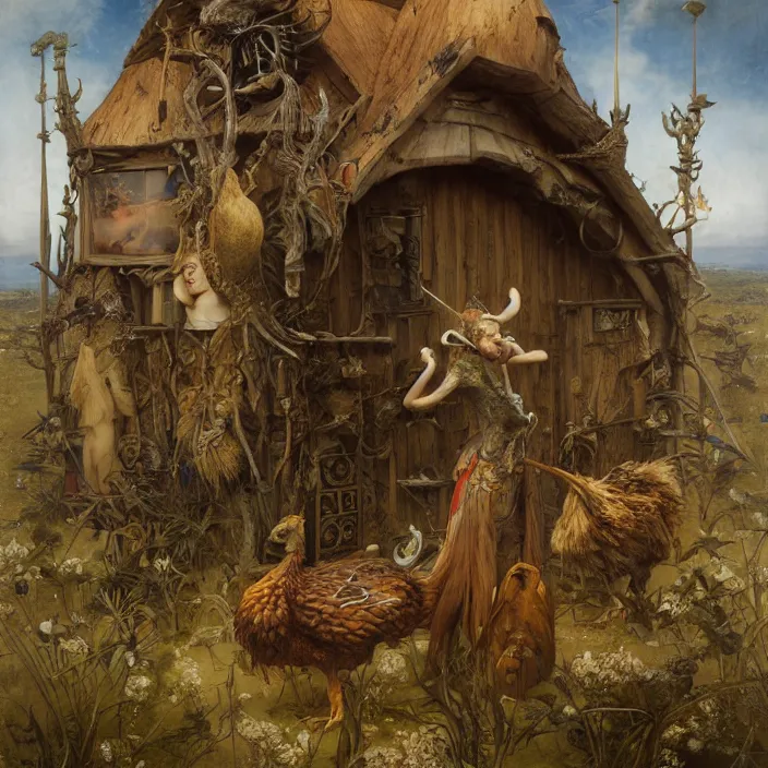 Prompt: a photograph of old hut hybrid with giant hen legs. by tom bagshaw, donato giancola, hans holbein, walton ford, gaston bussiere, brian froud, peter mohrbacher and magali villeneuve. 8 k, cgsociety