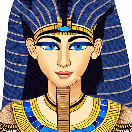 Image similar to cleopatra in ancient egypt in front of a pyramid, perfect, hyperrealistic and ultra detailed face , wild blue eyes and brown, short and straight hair