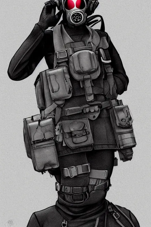 Image similar to british sas female operative with the standard s 1 0 gas mask and the black uniform, 8 0 s, artstation, trending on artstation, establishing shot