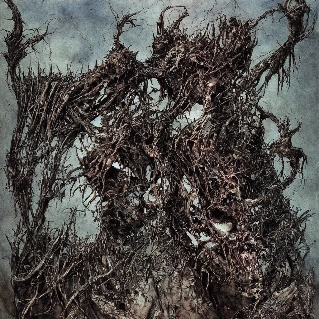 Image similar to A creepy armored horned fanged demon woman with blue scarred skin wrapped in barbed wire. Extremely high detail, realistic, fantasy art, solo, bones, textured, masterpiece, saturated colors, intricate ominous visionary concept art tangled, ripped flesh, art by Zdzisław Beksiński, Arthur Rackham, Dariusz Zawadzki