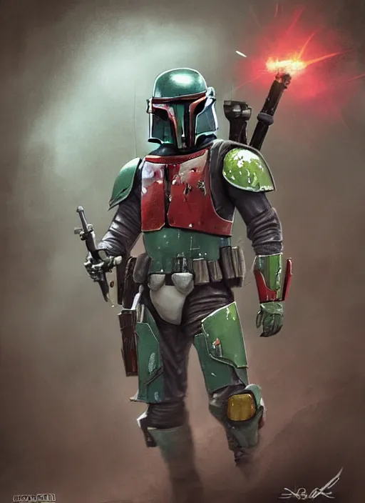 Prompt: boba fett redesign by square enix, final fantasy, detailed, cosmic, muscular, illustration, concept art, D&D, fantasy