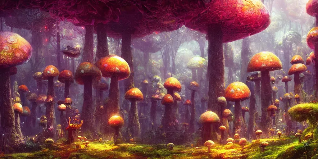 Prompt: ”cute furry creatures living in giant mushroom houses in a mysterious fantasy forest, [bioluminescense, rope bridges, art by wlop and paul lehr, cinematic, colorful]”