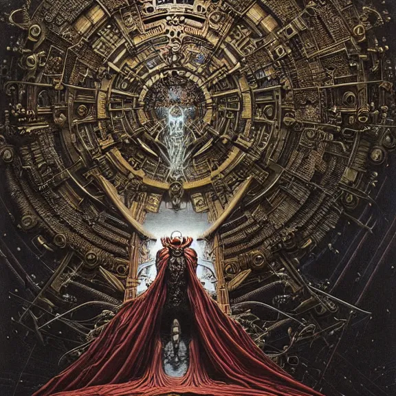 Image similar to symmetric frame of dr doom from Prometheus movie by beksinski, cyborg dr doom in ornate armour, by guo pei and alexander mcqueen metal couture editorial, eldritch epic monumental wallpaper by beksinski by Yuko Shimizu