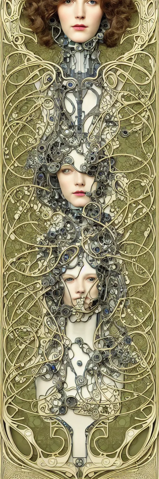 Image similar to seamless pattern of beautiful cybernetic art nouveau robot, beautiful art nouveau porcelain face + body is clear plastic, inside organic robotic tubes and parts, damask patern, front facing, wearing translucent baroque rain - jacket + symmetrical composition + intricate details, hyperrealism, wet, reflections + by alfonse mucha and moebius, no blur