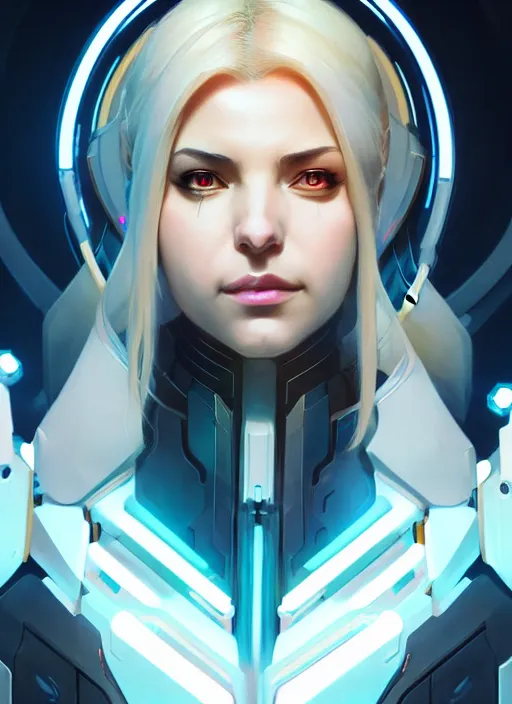Image similar to symmetry portrait of mercy from overwatch, sci - fi, tech wear, glowing lights intricate, elegant, highly detailed, digital painting, artstation, concept art, smooth, sharp focus, illustration, art by artgerm and greg rutkowski and alphonse mucha