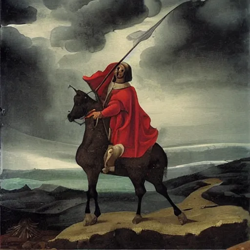 Prompt: grim reaper full figure under the stormy sky medieval art oil painting