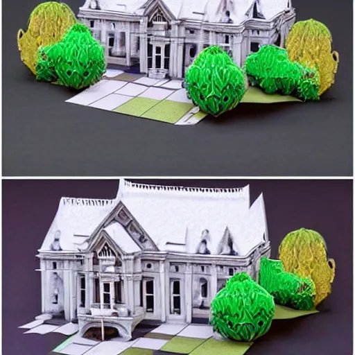 Image similar to a beautiful detailed mansion in the style of papercraft, origami,