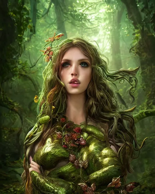 Prompt: portrait high definition photograph cute woman fantasy character art, hyper realistic, pretty face, hyperrealism, iridescence water elemental, snake skin armor forest dryad, woody foliage, 8 k dop dof hdr fantasy character art, by aleski briclot and alexander'hollllow'fedosav and laura zalenga