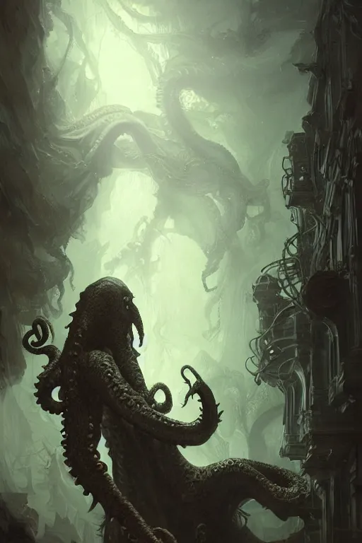Prompt: epic hyperdetailed portrait of 🐙🕷 lurking in the shadows. cthulhu. highly detailed portrait, rococo, digital painting, artstation, concept art, intricate, elegant. art by craig mullins and artgerm and greg rutkowski and alphonse mucha, masterpiece. misty cityscape