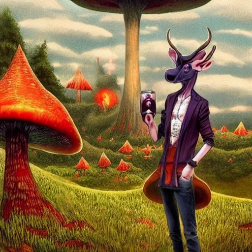 Image similar to a centered chest up portrait of a psychedelic demonic anthropomorphic windigo smoking a hand - rolled cigarette smoking heavily, magic mushroom village in background. award winning. superb resolution. in the art style of junji ito and greg rutkowski. detailed mushroom city in background. hyper realistic anime. perfect art. dalle 2