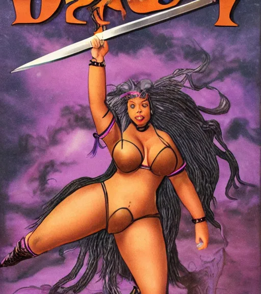 Prompt: 1 9 8 0 s fantasy novel book cover, bbw plus size amazonian doja cat in extremely tight bikini armor wielding a cartoonishly large sword, exaggerated body features, dark and smoky background, low quality print