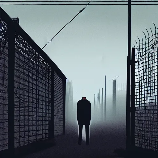 Image similar to a dystopian matte painting of a scared man standing in front of a fence with barbed wire by emiliano ponzi, james gilleard, george ault, david hockney, atey ghailan, albert namatjira, marius borgeaud, minimalist, bauhaus, retrofuturism, concept art, matte background, matte drawing, generative art