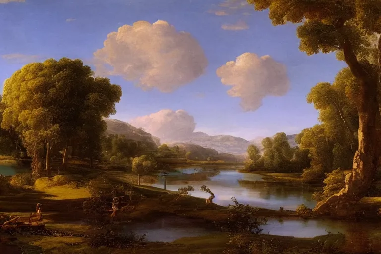 Image similar to beautiful landscape with river and oak trees, mythology, fantasy, landscape background, vivid colors, digital painting, very detailed, realistic, high quality, by claude lorrain