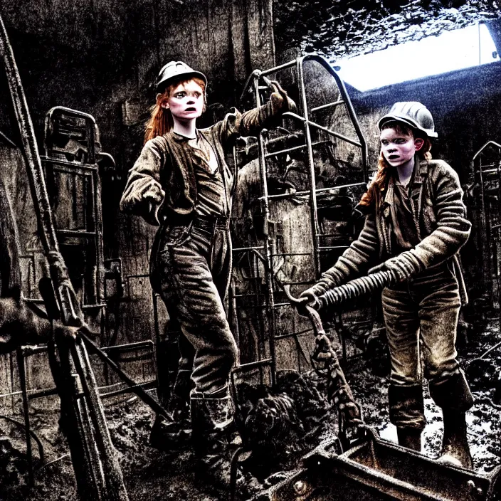 Image similar to sadie sink as a miner pulling a mine cart. in a coal mine. storyboard, scifi cyberpunk. by gabriel hardman, joe alves, chris bonura. cinematic atmosphere, detailed and intricate, perfect anatomy