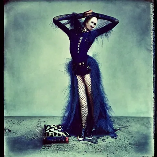 Image similar to damaged kodak portra 4 0 0, wetplate, photo of a surreal artsy dream scene,, very beautiful model, weird fashion, grotesque, extravagant dress, strange pose, carneval, with an animal, wtf, photographed by paolo roversi style