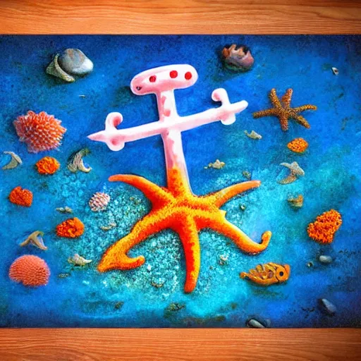 Image similar to an anchor in the sand near a coral reef surrounded by sea creatures, concept art, highly detailed, high quality, bright colors