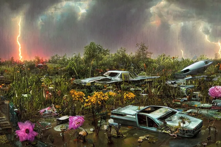 Image similar to hyperrealism, scene from thunderstorm, starship, junkyard, louisiana swamps, orange blooming flowers garden, 8 k, 8 0 s japanese sci - fi books art