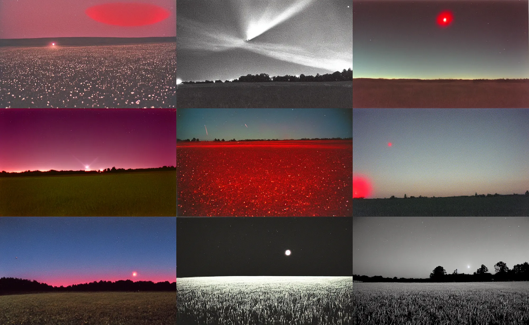 Prompt: a giant red glowing spot is visible in the sky, night, field, 1998 photo