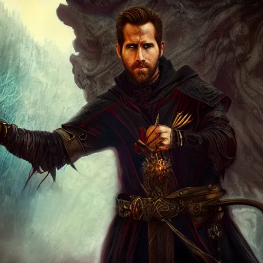 Image similar to a portrait of a Ryan Reynold as a warlock ,Grim fantasy, D&D, HDR, natural light, shoulder level shot, dynamic pose, award winning photograph, Mucha style 4k,