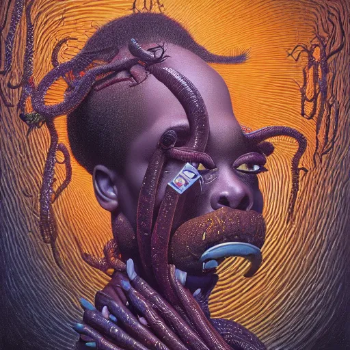 Image similar to Azealia Banks by jacek yerka, alex gray, zdzisław beksiński, dariusz zawadzki, jeffrey smith and h.r. giger, oil on canvas, 8k highly professionally detailed, trending on artstation