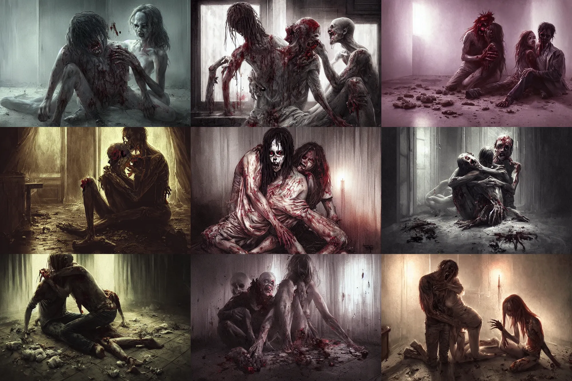 Prompt: zombie man sitting on the floor while devouring a woman, hugging each other in the darkness, eerie living room of a modern house, night, finely detailed, art by artgerm and greg rutkowski and magali villeneuve