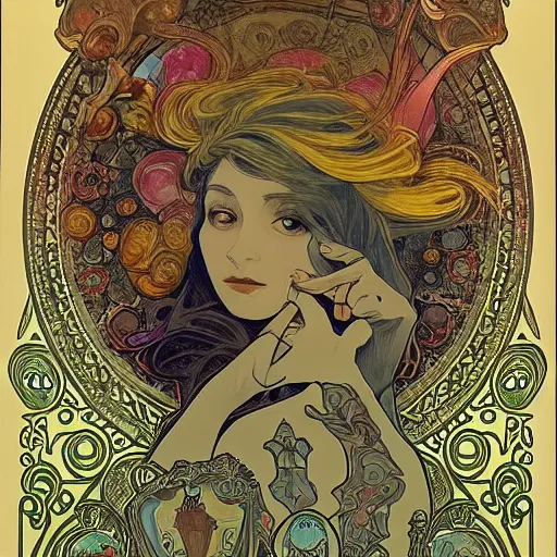 Image similar to Alice in Wonderland,Diamonds Blaze,Rose twining,out of time and space,dreamy, eternity, romantic,highly detailed,in the style of Alphonse Maria Mucha, highly detailed,night lighting