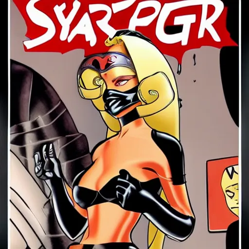 Prompt: sydney savage danger girl pin - up, mask covering mouth, medium shot, bruce timm, j. scott campbell, andy hartnell, inked, tight fit, curvaceous, slim, pinned against a wall