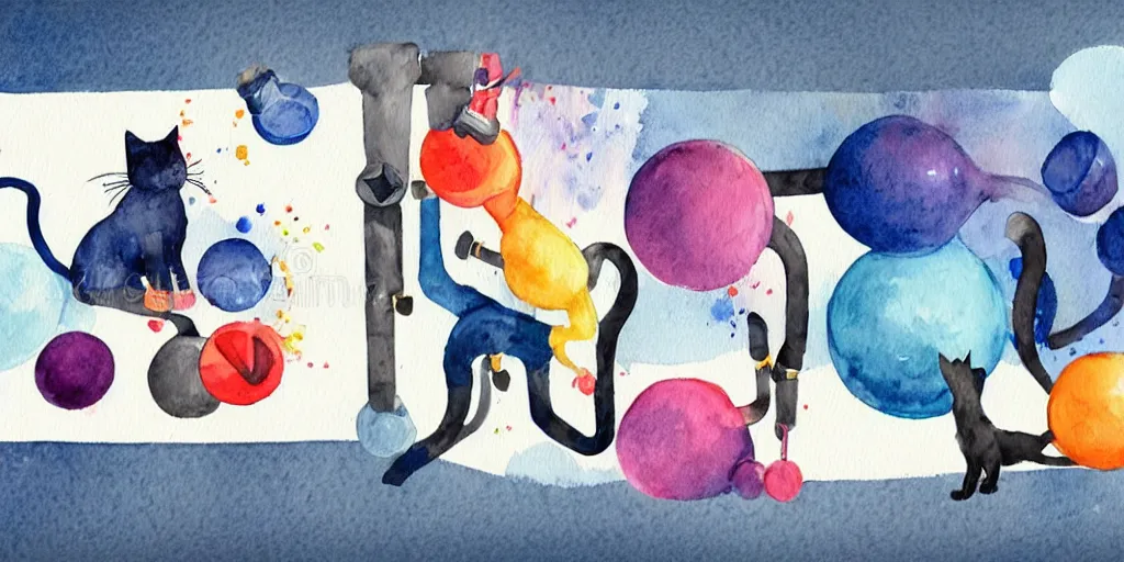 Prompt: watercolor illustration style, cute! cats training in fitness studio, sport equipment lay near