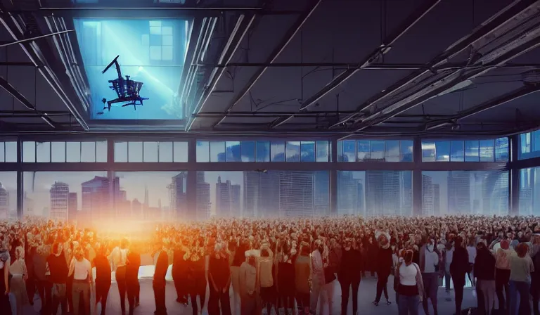 Image similar to crowd of people in simple windowed warehouse, looking at hologram of futuristic city on a table, cinematic concept art, godrays, golden hour, natural sunlight, 4 k, clear details, tabletop model buildings, center model buildings, hologram center, crane shot, crane shot, crane shot