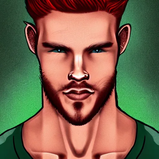 Image similar to professional digital art of a fit man with red hair and green cat - like eyes, popular, famous, attractive, high quality, highly detailed, hd, 4 k, 8 k,