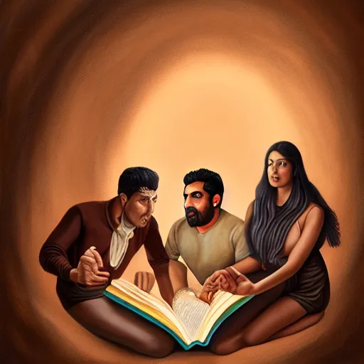 Prompt: a painting of three brown men and a brown woman emerging out of a giant open book, hyperrealistic faces, detailed digital art, aesthetic!, trending on artstation, anatomically correct