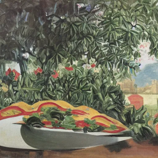 Image similar to A magaritha pizza on a marble table in a garden by Henri Rousseau