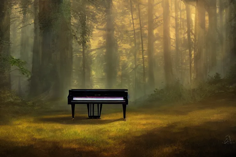 Image similar to a piano standing in the forest, beautiful dynamic lighting, cinematic, wide angle establishing shot, extremely high detail, cinematic lighting, post processed, concept art, artstation, matte painting