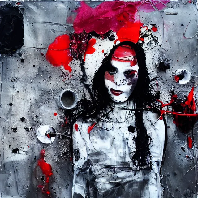 Prompt: “ a portrait of a young woman, car crash in a silver car, night, a streetscape, broken glass, sensual, upside down, anaesthetic, art supplies, surgical iv drip, ikebana, a candle dripping white wax, berry juice drips, acrylic and spray paint and oilstick on canvas, surrealism, neoexpressionism ”