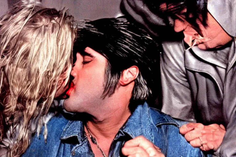 Prompt: Cinematography of kurt cobain kissing Elvis by Emmanuek Lubensky